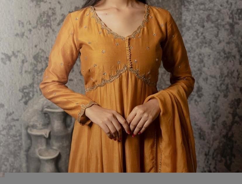 Hand Embroidered Orange Anarkali Suit with Dupatta: Chanderi Silk Indian Dress
