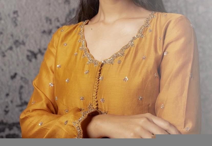 Hand Embroidered Orange Anarkali Suit with Dupatta: Chanderi Silk Indian Dress