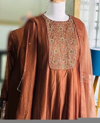 Hand Embroidered Orange Anarkali Suit: Chanderi Silk Indian Dress