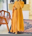 Hand Embroidered Orange Anarkali Suit: Chanderi Silk Indian Dress