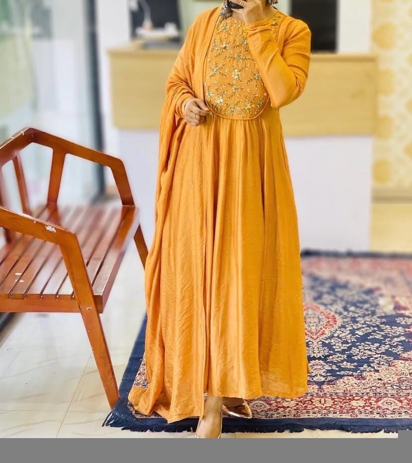 Hand Embroidered Orange Anarkali Suit: Chanderi Silk Indian Dress