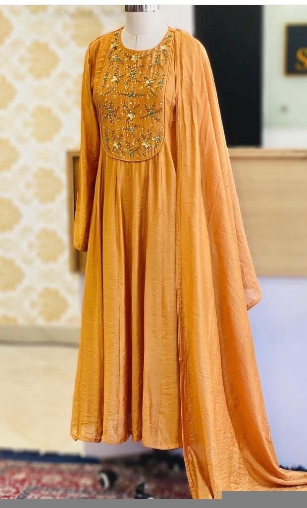 Hand Embroidered Orange Anarkali Suit: Chanderi Silk Indian Dress