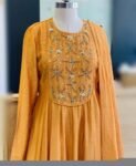 Hand Embroidered Orange Anarkali Suit: Chanderi Silk Indian Dress