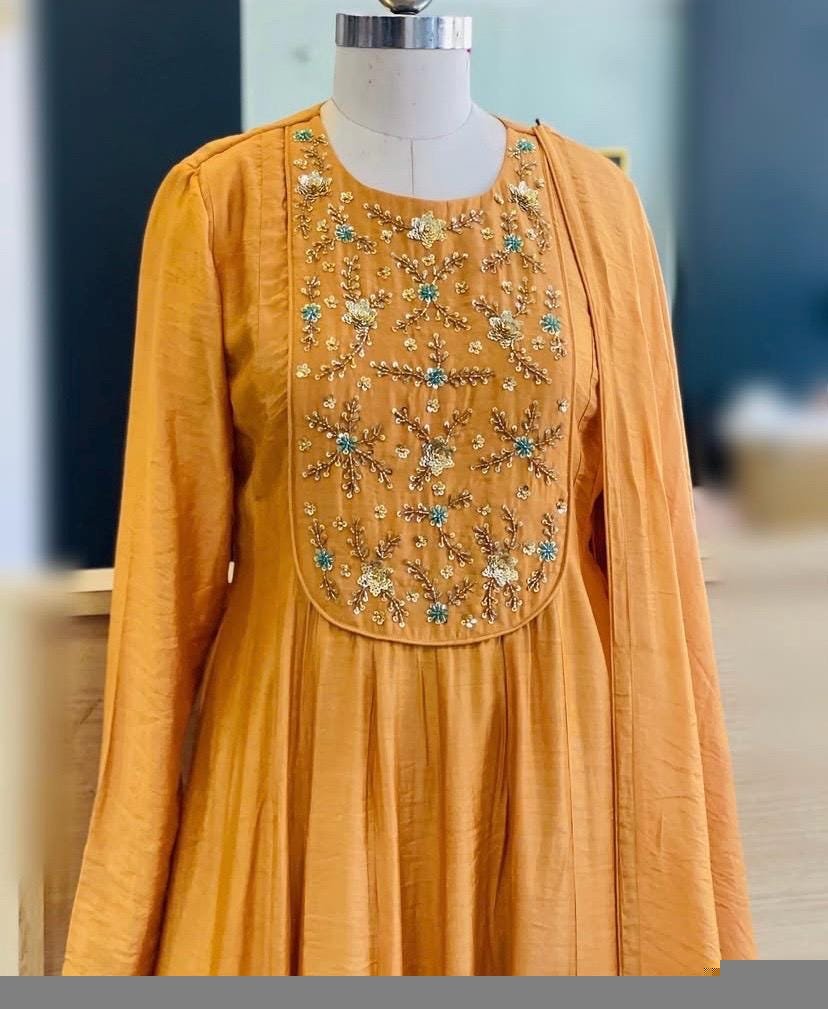 Hand Embroidered Orange Anarkali Suit: Chanderi Silk Indian Dress
