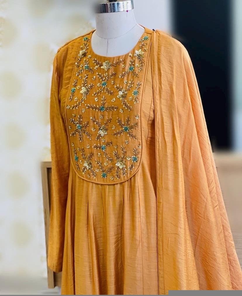 Hand Embroidered Orange Anarkali Suit: Chanderi Silk Indian Dress