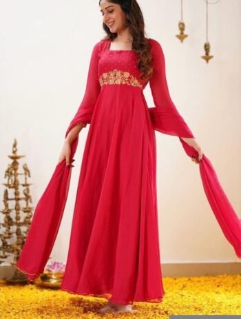 Hand Embroidered Red Silk Anarkali Dress: Indian Gown with Dupatta