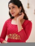 Hand Embroidered Red Silk Anarkali Dress: Indian Gown with Dupatta