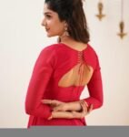 Hand Embroidered Red Silk Anarkali Dress: Indian Gown with Dupatta