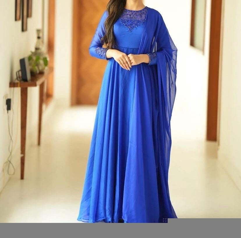 Hand Embroidered Royal Blue Anarkali Suit: Organza Dupatta, Indian Dress