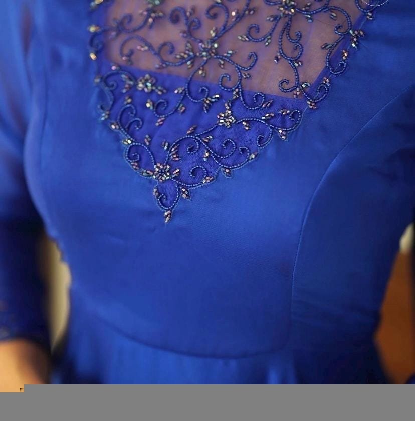 Hand Embroidered Royal Blue Anarkali Suit: Organza Dupatta, Indian Dress