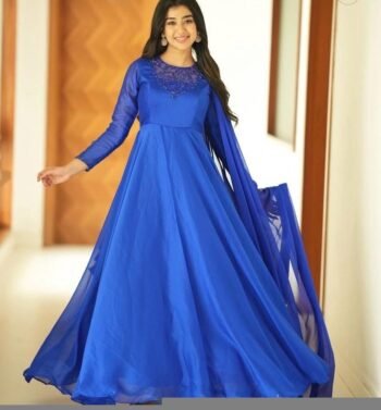 Hand Embroidered Royal Blue Anarkali Suit: Organza Dupatta, Indian Dress