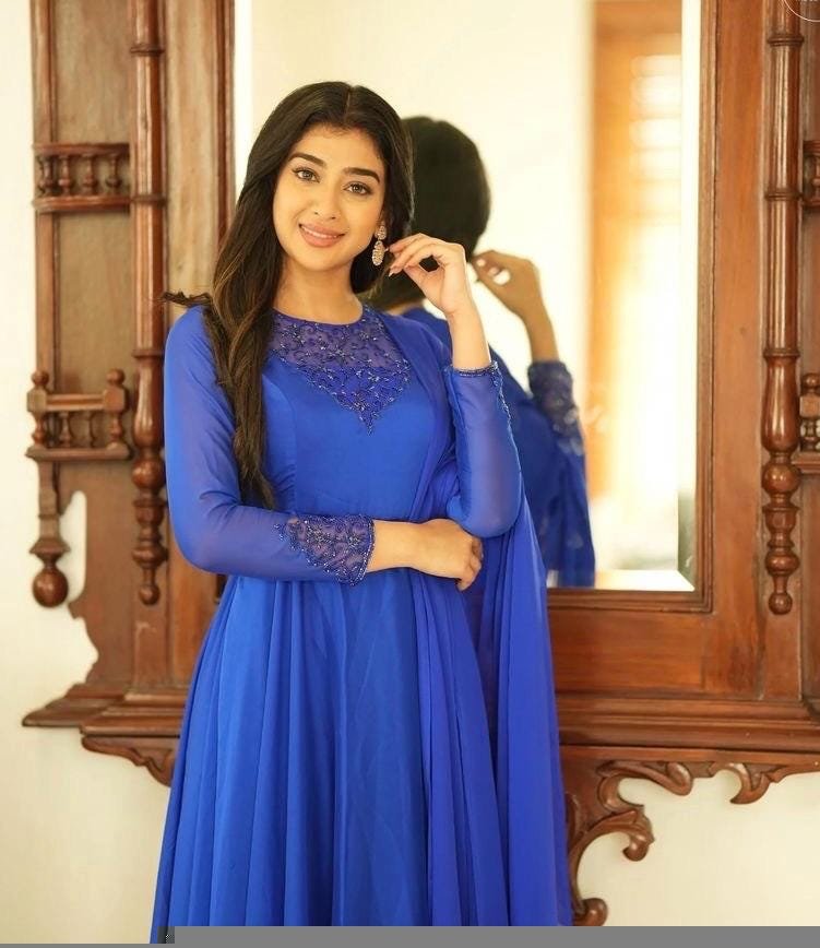 Hand Embroidered Royal Blue Anarkali Suit: Organza Dupatta, Indian Dress