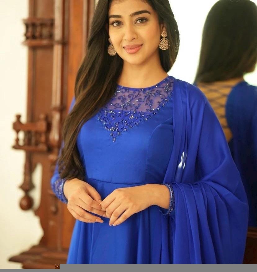 Hand Embroidered Royal Blue Anarkali Suit: Organza Dupatta, Indian Dress