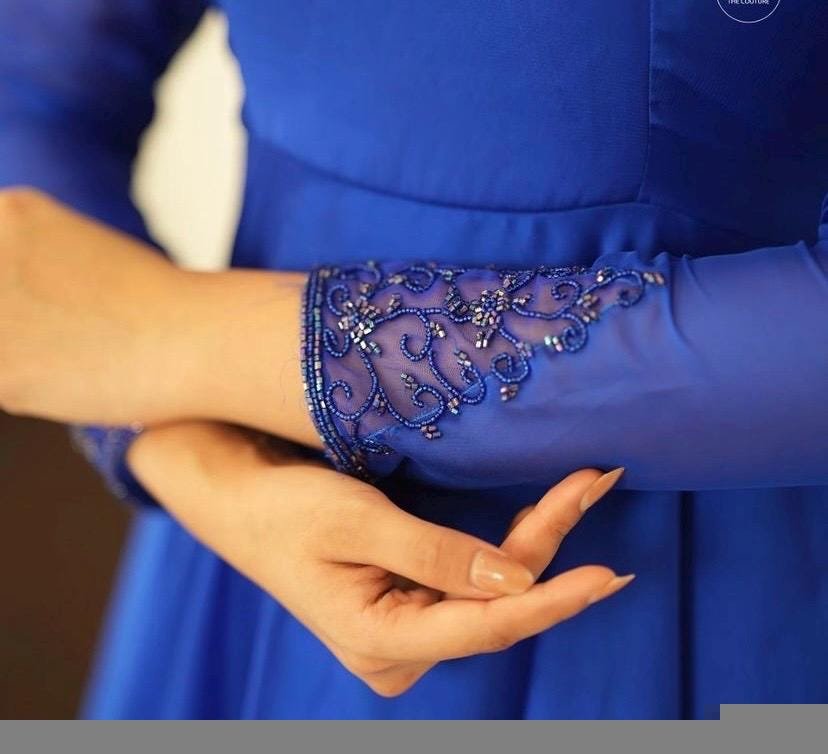 Hand Embroidered Royal Blue Anarkali Suit: Organza Dupatta, Indian Dress