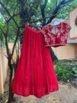 Red Lehenga Set: Embroidered Crop Top, Chinnon Silk Skirt