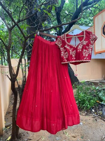 Red Lehenga Set: Embroidered Crop Top, Chinnon Silk Skirt