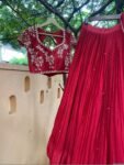 Red Lehenga Set: Embroidered Crop Top, Chinnon Silk Skirt