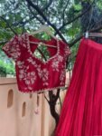 Red Lehenga Set: Embroidered Crop Top, Chinnon Silk Skirt