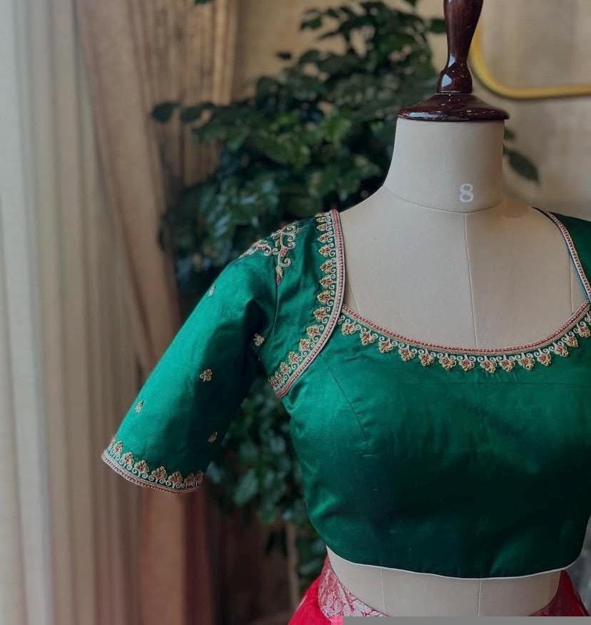 Bottle green silk hand embroidery blouse/saree maggam green blouse/red saree blouse/green hand embroidered blouse /ready made blouse zardosi