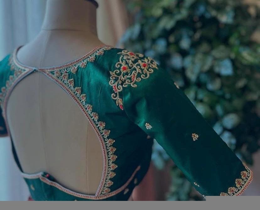 Bottle green silk hand embroidery blouse/saree maggam green blouse/red saree blouse/green hand embroidered blouse /ready made blouse zardosi