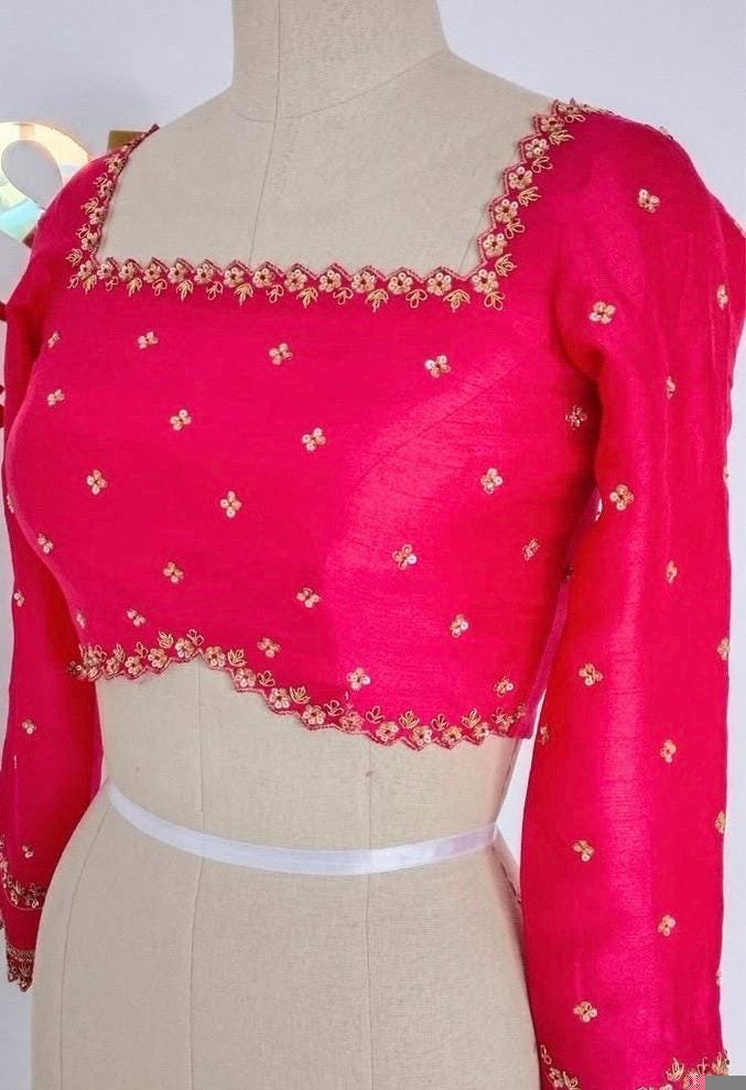 Pink Hand Embroidered Zardosi Silk Blouse: Maggam Work, Full Sleeve, pink maggam work blouse,full sleeve saree blouse , saree blouses usa