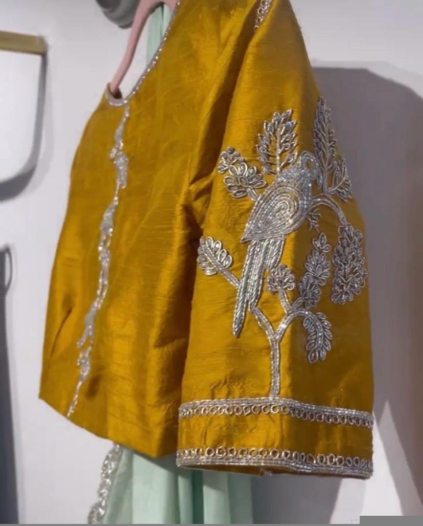 Hand Embroidered Zardosi Silk Blouse: Mustard Yellow Saree Top,handwork saree blouse , pure silk hand work blouse, mix and match blouses usa