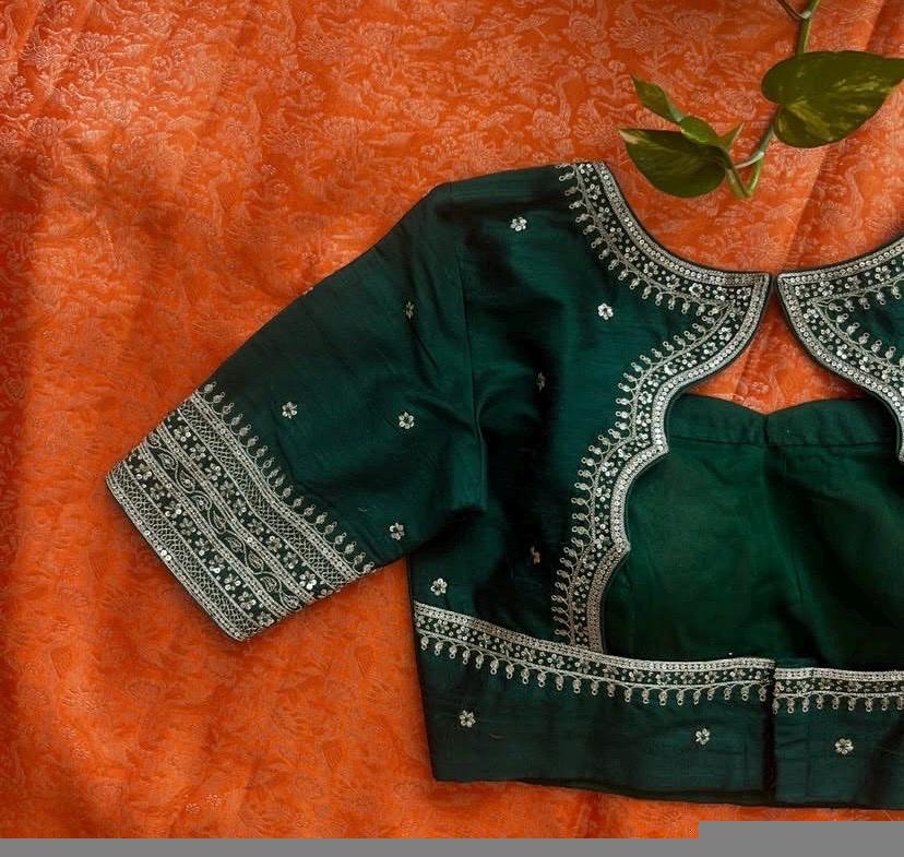 Bottle green silk hand embroidery blouse/saree maggam green blouse/red saree blouse/green hand embroidered blouse /ready made blouse zardosi