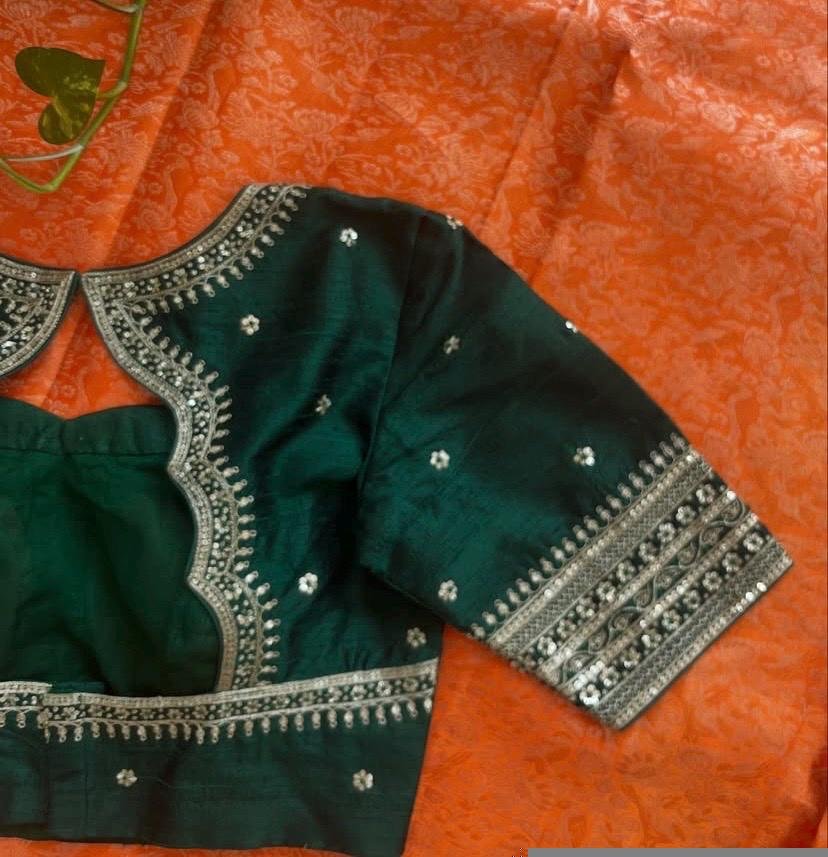 Bottle green silk hand embroidery blouse/saree maggam green blouse/red saree blouse/green hand embroidered blouse /ready made blouse zardosi