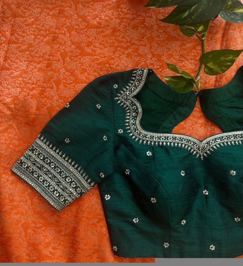 Bottle green silk hand embroidery blouse/saree maggam green blouse/red saree blouse/green hand embroidered blouse /ready made blouse zardosi
