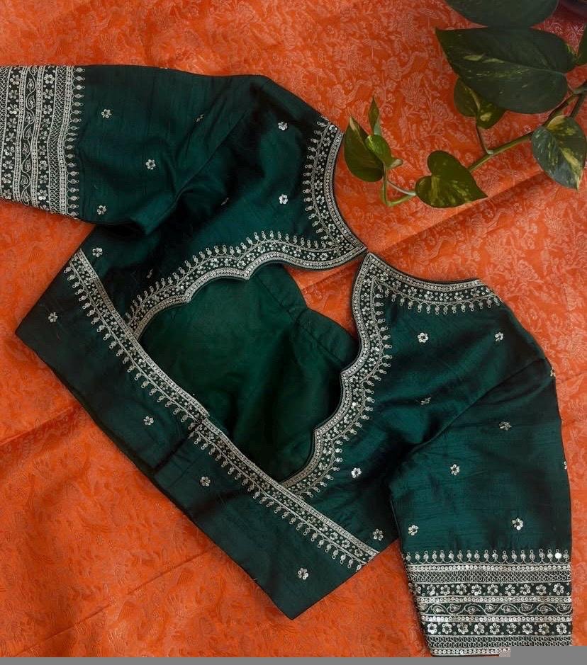 Bottle green silk hand embroidery blouse/saree maggam green blouse/red saree blouse/green hand embroidered blouse /ready made blouse zardosi