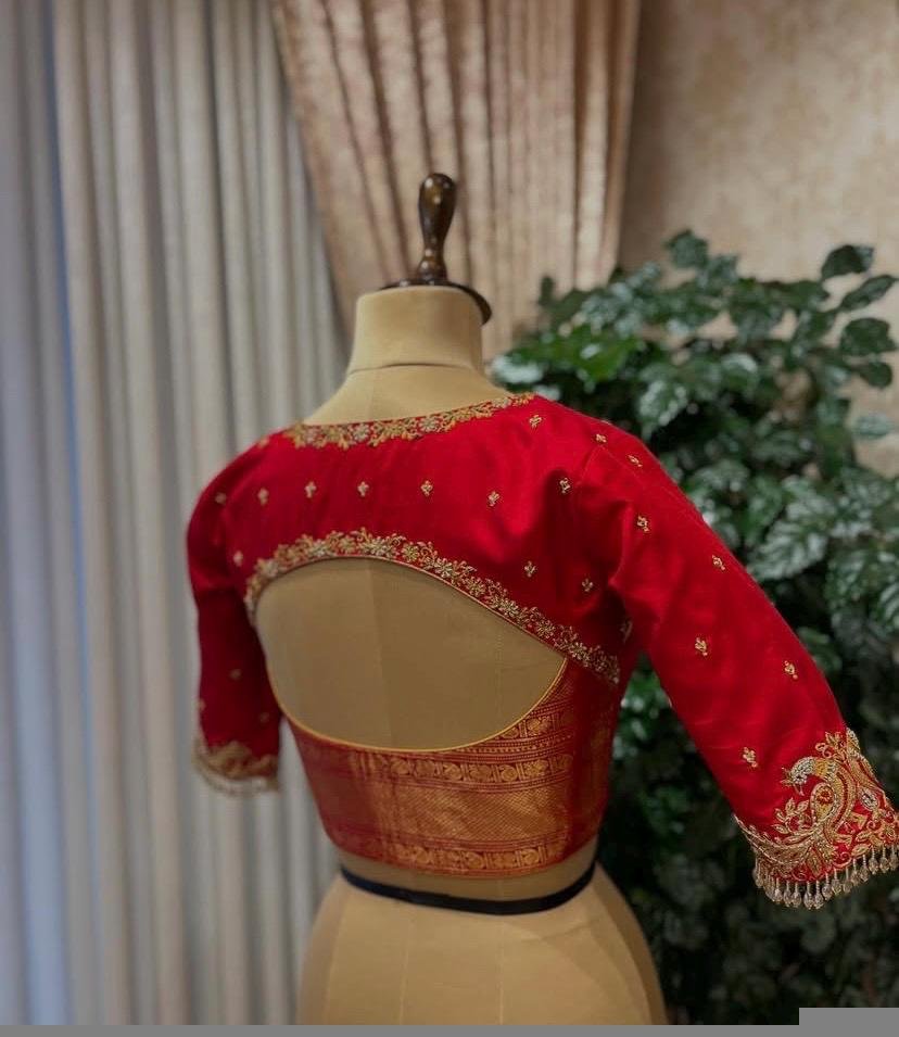 Hand Embroidered Red Silk Blouse: Zardosi Maggam Work, Elbow Sleeves