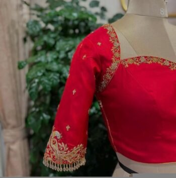 Hand Embroidered Red Silk Blouse: Zardosi Maggam Work, Elbow Sleeves