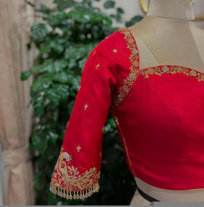 Hand Embroidered Red Silk Blouse: Zardosi Maggam Work, Elbow Sleeves