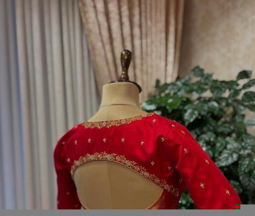 Hand Embroidered Red Silk Blouse: Zardosi Maggam Work, Elbow Sleeves