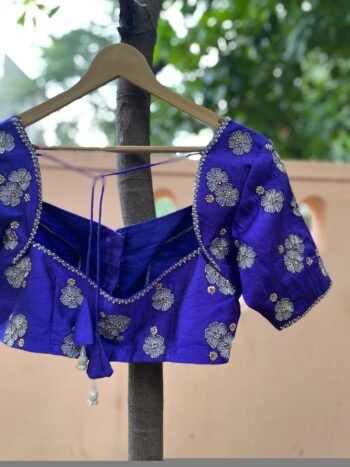 Royal Blue Silk Saree Blouse: Hand Embroidered Zardosi Maggam,elbow Sleeve,handwork 42 size blouses , blue saree blouse,mix and match blouse