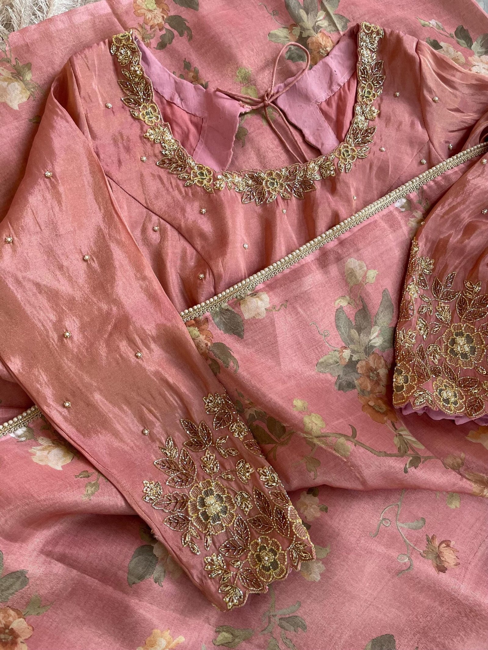 Pink tissue silk saree with hand embroidered blouse/pink saree with pink hand work blouse|floral sarees /pink floral silk saree with blouse