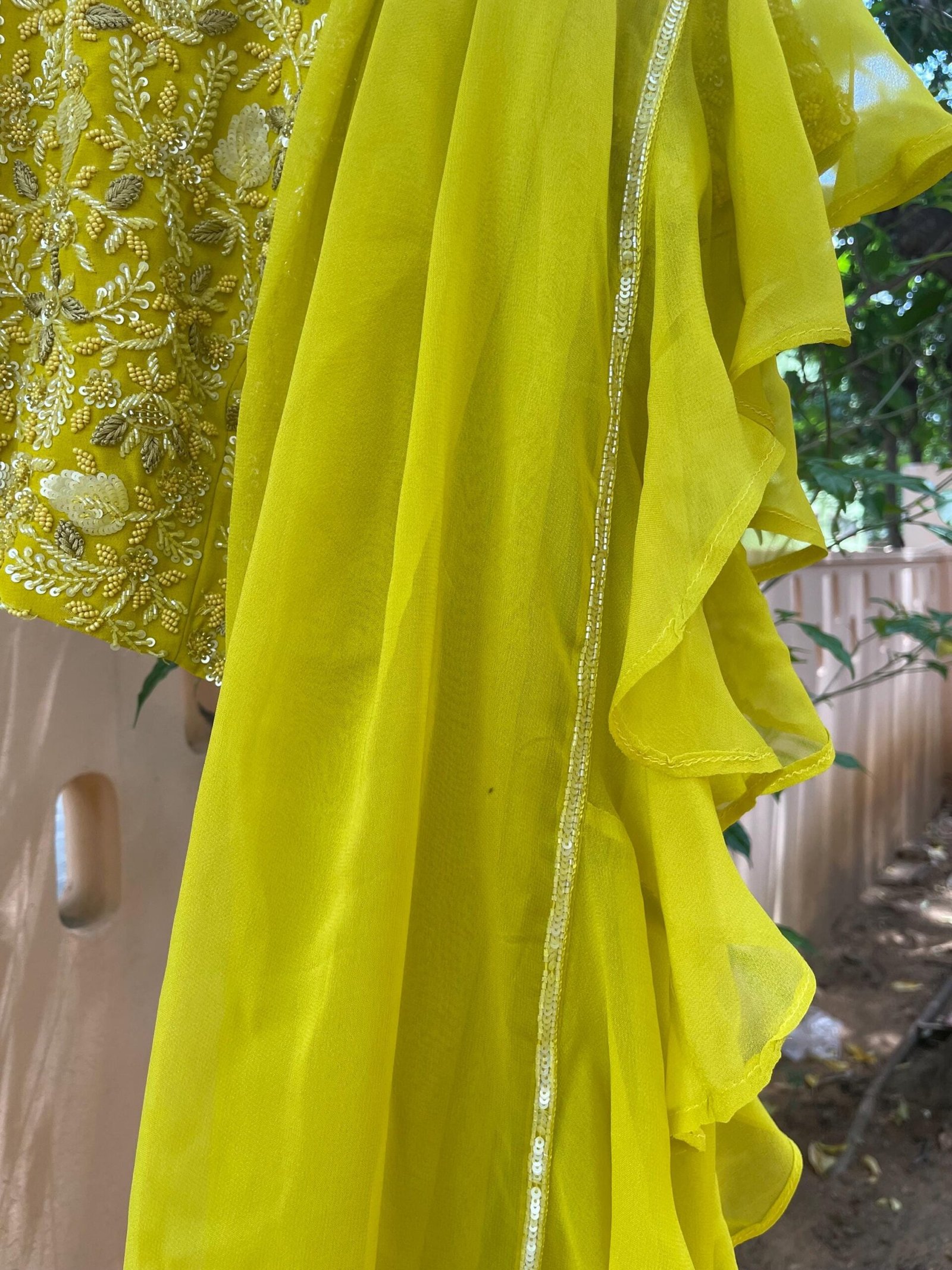 Mustard Yellow Ruffle Saree: Georgette Cocktail Sari with Embroidered Blouse, ruffle saree blouse , mehendi saree, haldi saree,cocktail sare
