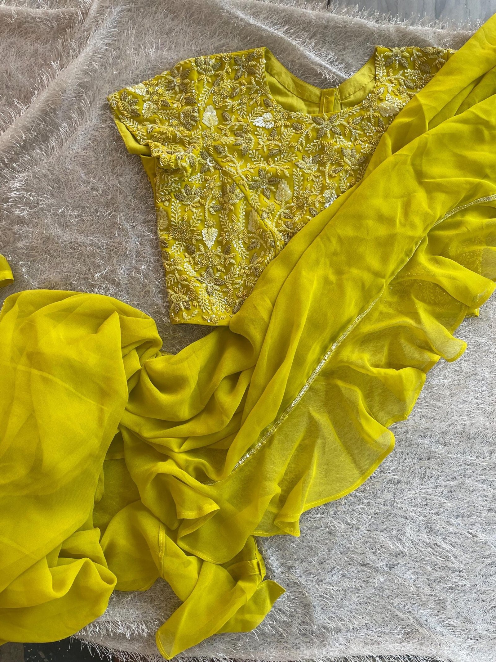 Mustard Yellow Ruffle Saree: Georgette Cocktail Sari with Embroidered Blouse, ruffle saree blouse , mehendi saree, haldi saree,cocktail sare
