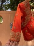 Hand Embroidered Zardosi Silk Blouse: Orange Maggam Work, Size 42