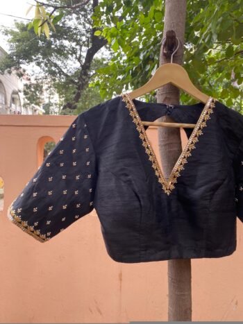 Hand Embroidered Silk Saree Blouse: Black Zardosi Maggam Work
