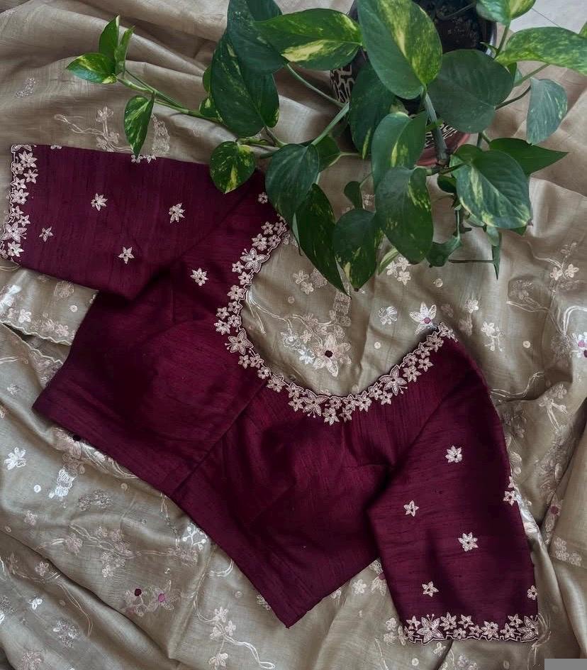 Hand Embroidered Zardosi Silk Blouse: Maroon Red Maggam Saree Blouse