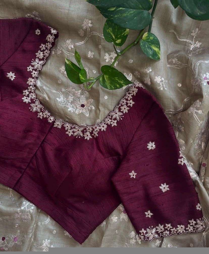 Hand Embroidered Zardosi Silk Blouse: Maroon Red Maggam Saree Blouse