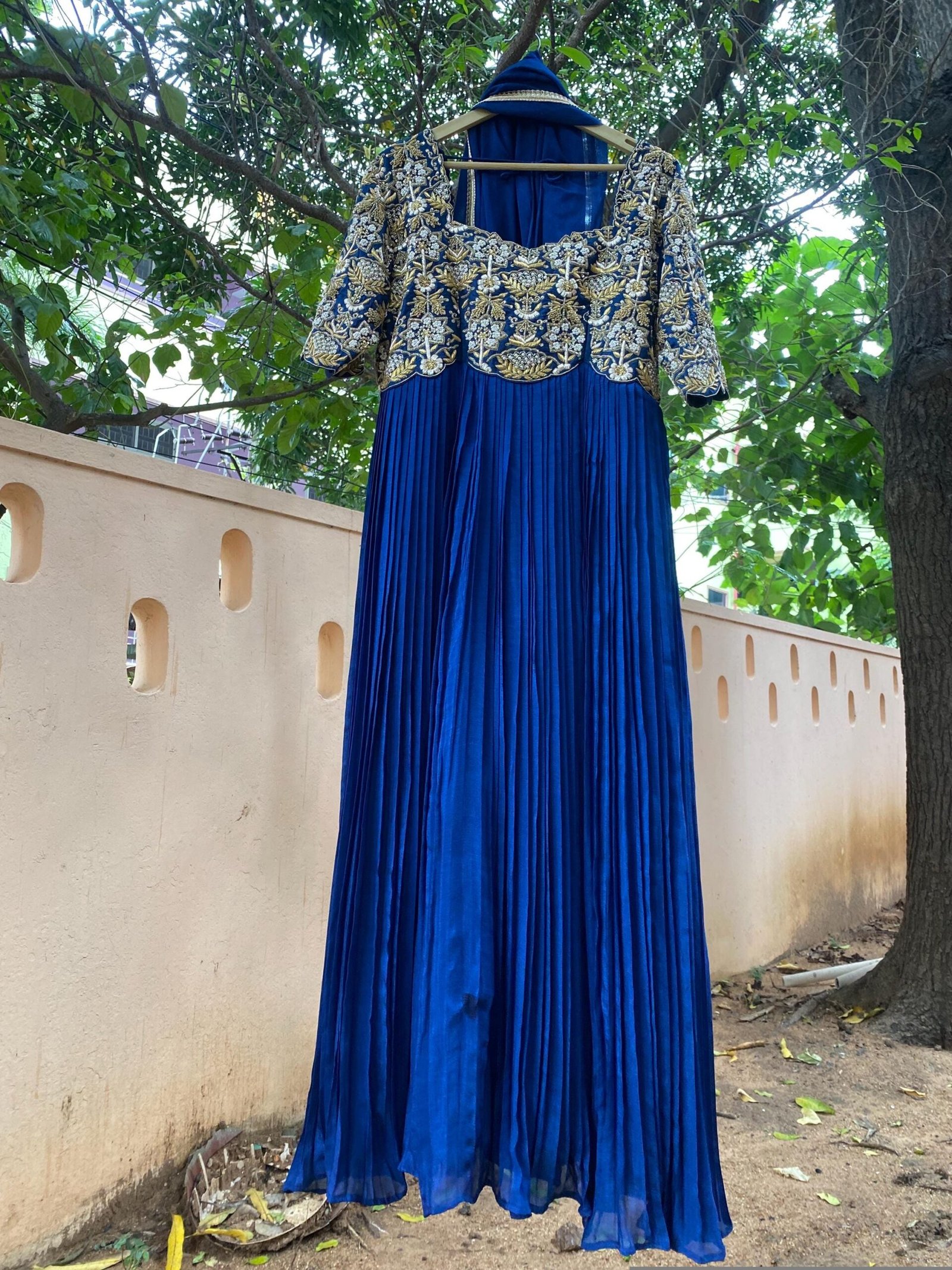 Hand Embroidered Zardosi Anarkali Suit: Navy Blue Indian Dress with Dupatta