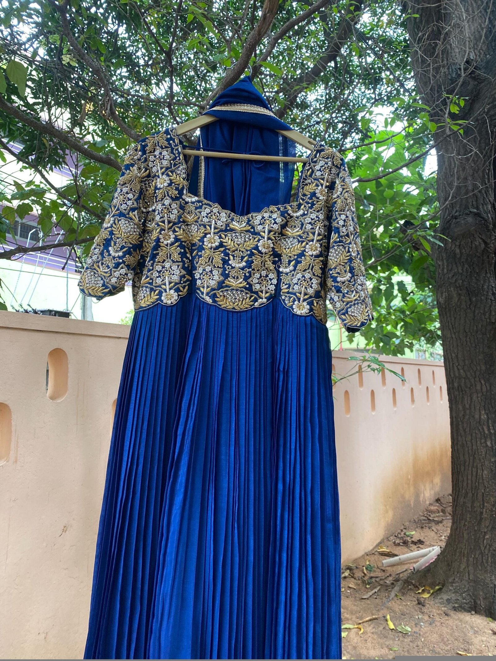 Hand Embroidered Zardosi Anarkali Suit: Navy Blue Indian Dress with Dupatta
