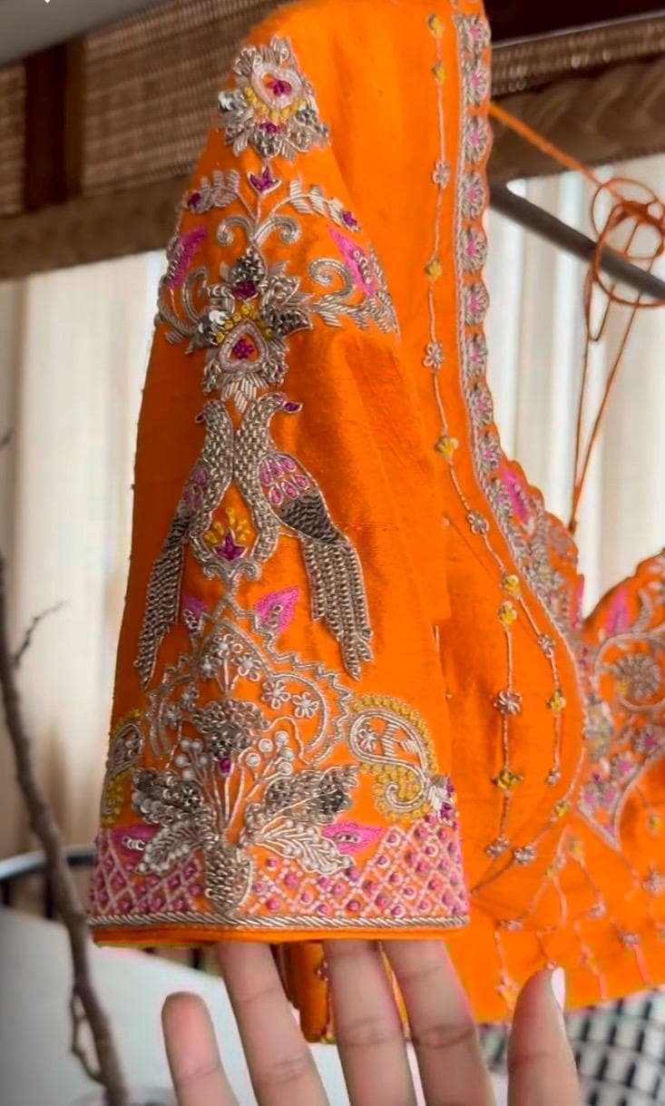 Hand Embroidered Zardosi Silk Blouse/Orange Maggam Work,hand work blouse,plus size blouses ,orange saree blouse,mix and match blouse USA