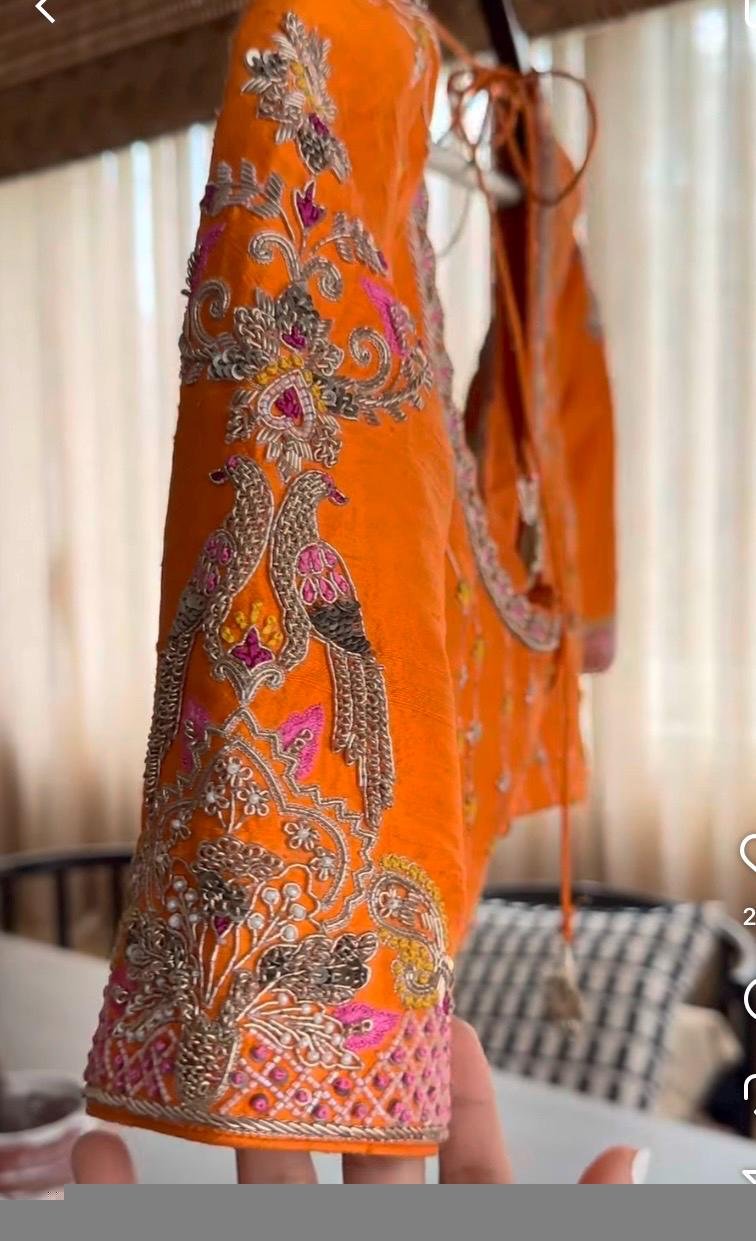 Hand Embroidered Zardosi Silk Blouse/Orange Maggam Work,hand work blouse,plus size blouses ,orange saree blouse,mix and match blouse USA