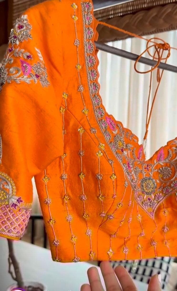 Hand Embroidered Zardosi Silk Blouse/Orange Maggam Work,hand work blouse,plus size blouses ,orange saree blouse,mix and match blouse USA