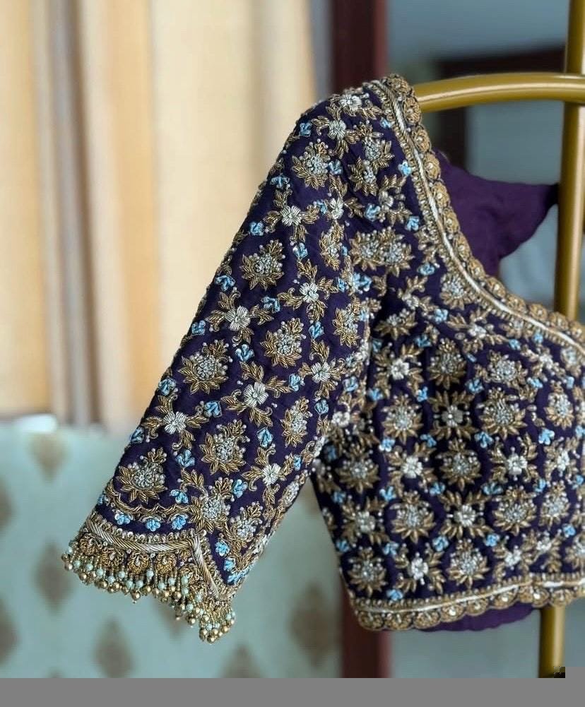 Hand Embroidered Purple Silk Saree Blouse: Zardosi Wedding Crop Top