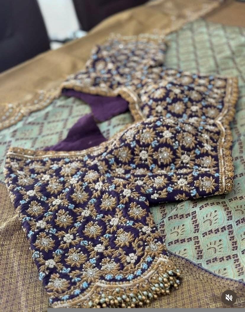 Hand Embroidered Purple Silk Saree Blouse: Zardosi Wedding Crop Top