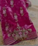 Hand Embroidered Velvet Saree Blouse: Pink Zardosi Maggam Work